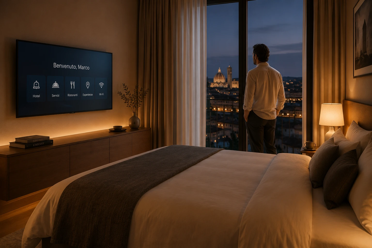 Camera d'albergo con TV NetB attiva, schermo di benvenuto per l'ospite Marco (immagine generata con intelligenza artificiale)