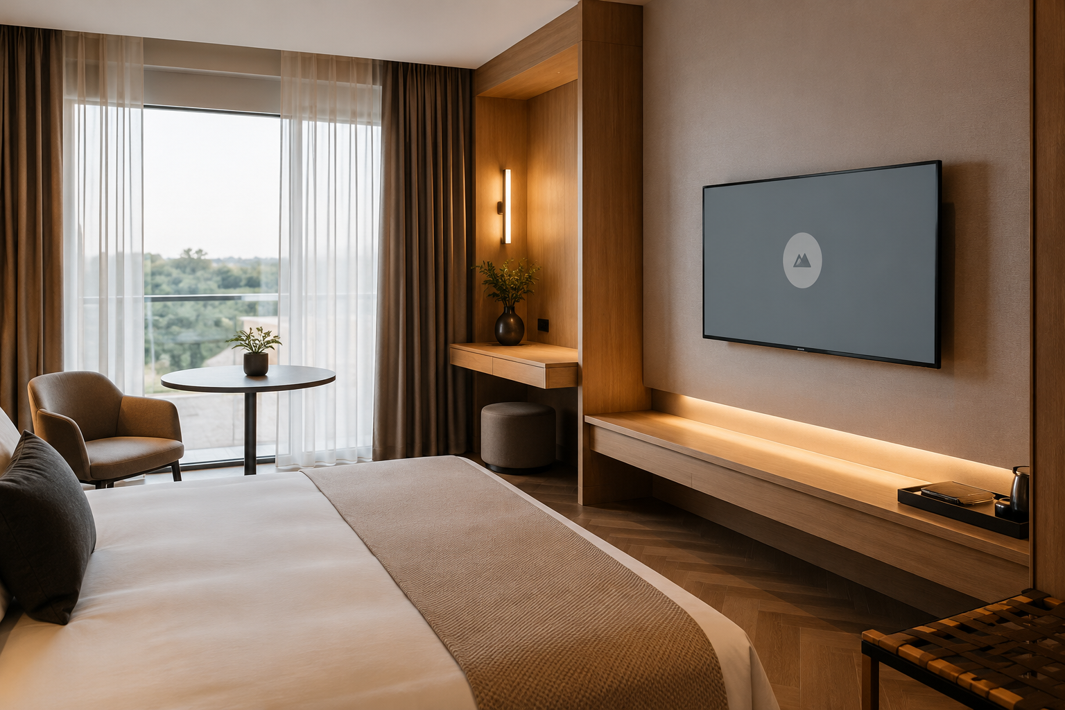 Camera d'albergo con TV che mostra una schermata generica ferma (immagine generata con intelligenza artificiale)