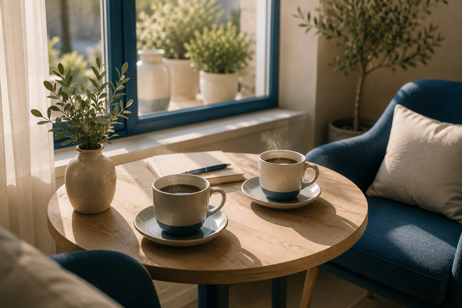 Tavolino con due tazze di caffè fumanti, un taccuino e una pianta, luce calda da una finestra con infissi blu (immagine generata con intelligenza artificiale)