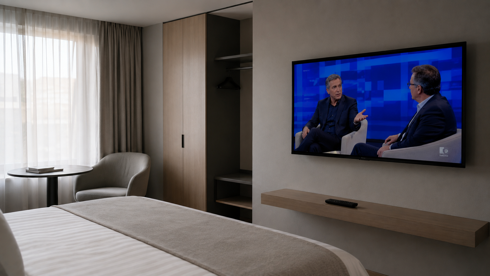 TV in camera che mostra un canale generico, schermo che non lavora per la struttura (immagine generata con intelligenza artificiale)