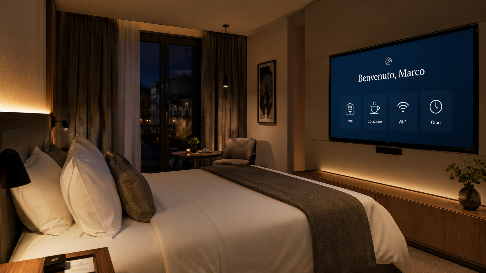 Camera hotel con TV NetB attiva, schermata di benvenuto (immagine generata con intelligenza artificiale)