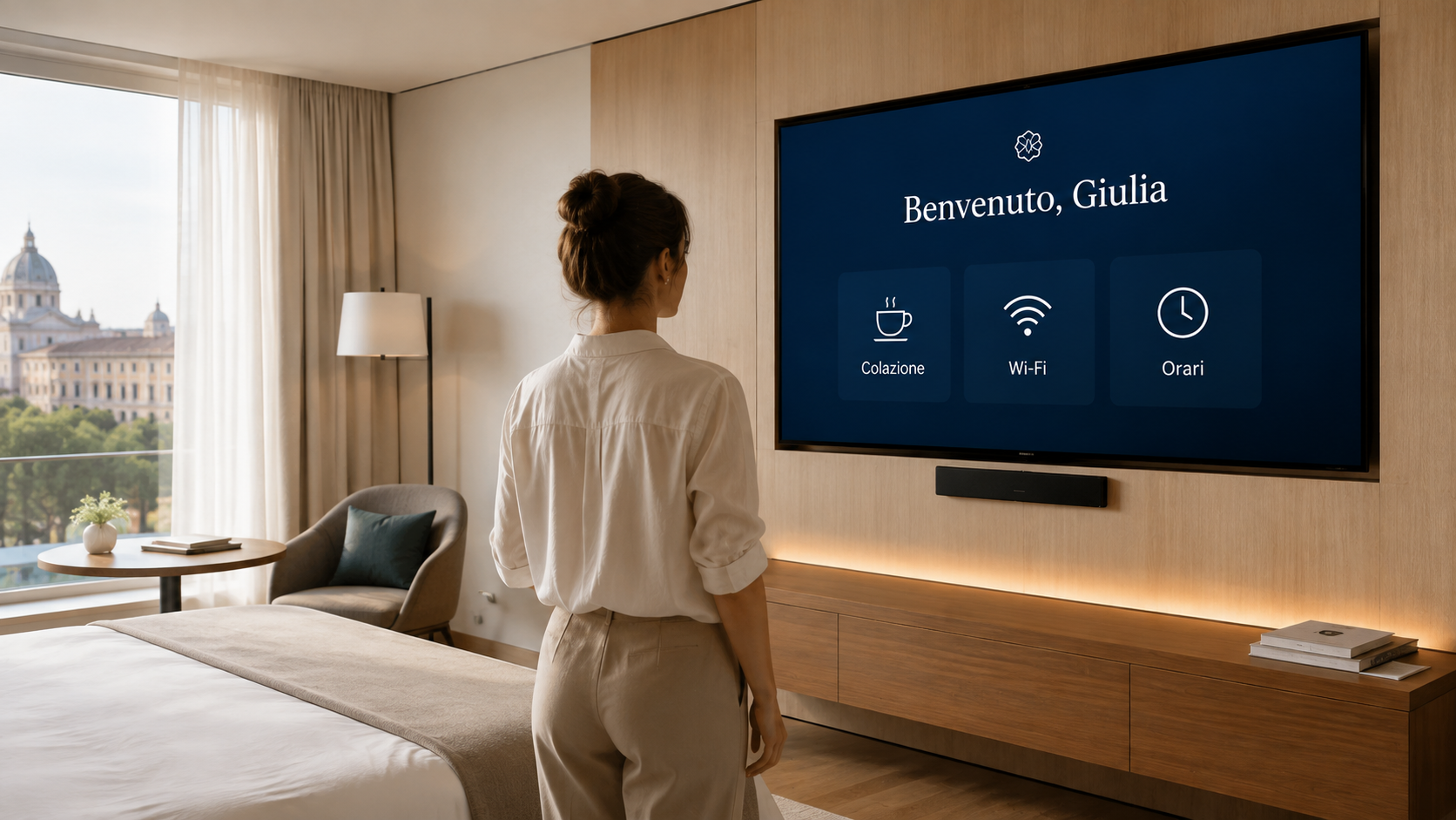 Ospite guarda la TV NetB con schermata di benvenuto personalizzata (immagine generata con intelligenza artificiale)