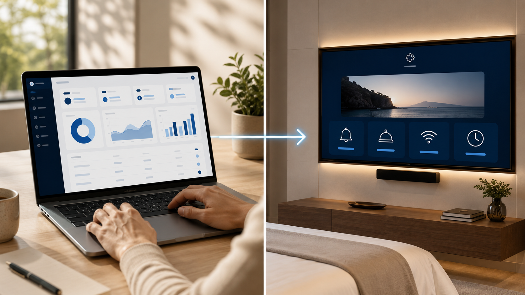 Dashboard NetB su laptop che aggiorna la schermata della TV in camera (immagine generata con intelligenza artificiale)