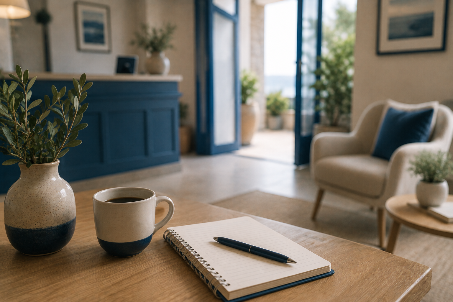 Lobby di struttura ricettiva con taccuino e caffè sul tavolo (immagine generata con intelligenza artificiale)
