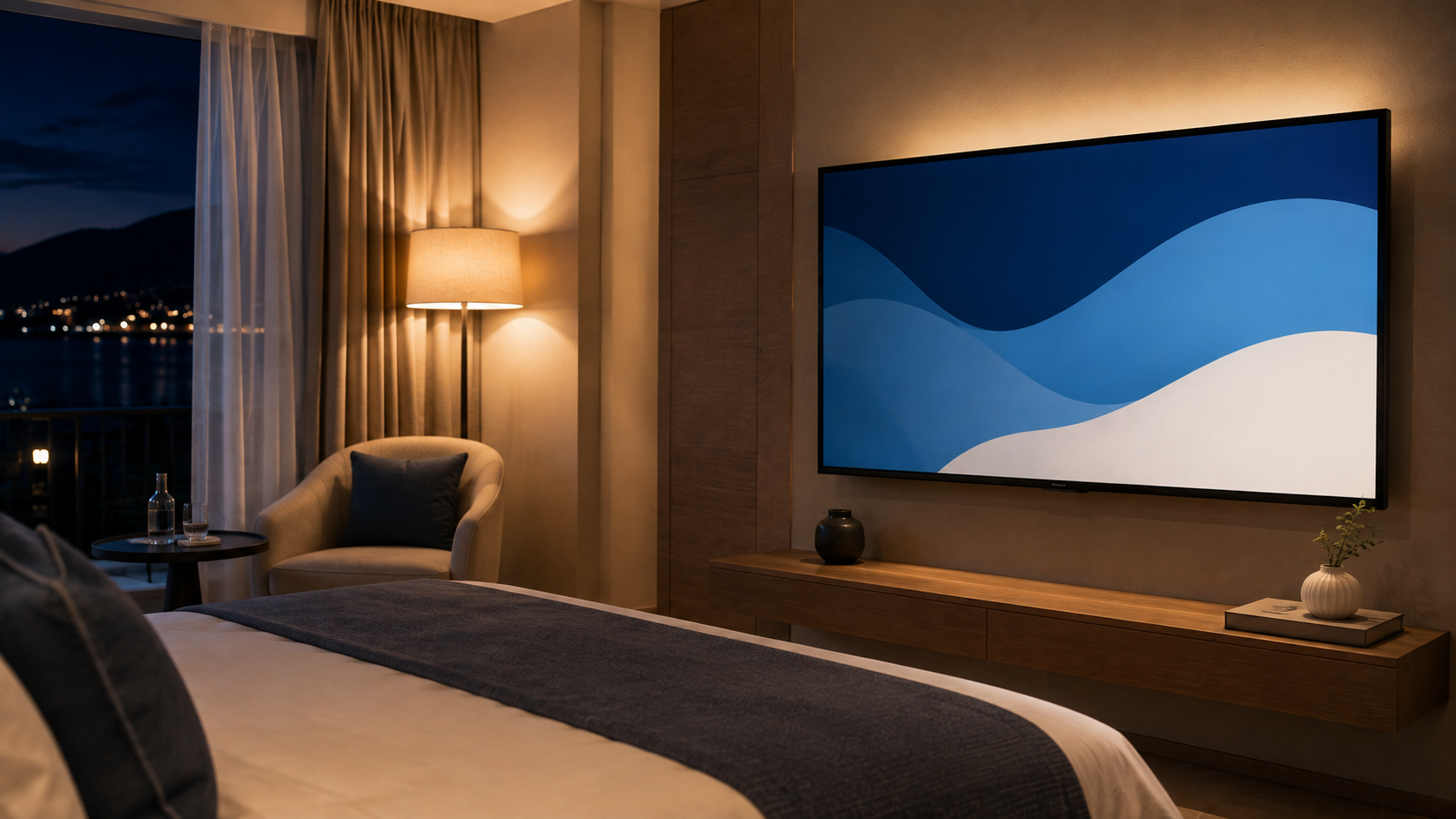 Camera hotel con TV NetB attiva, di sera (immagine generata con intelligenza artificiale)