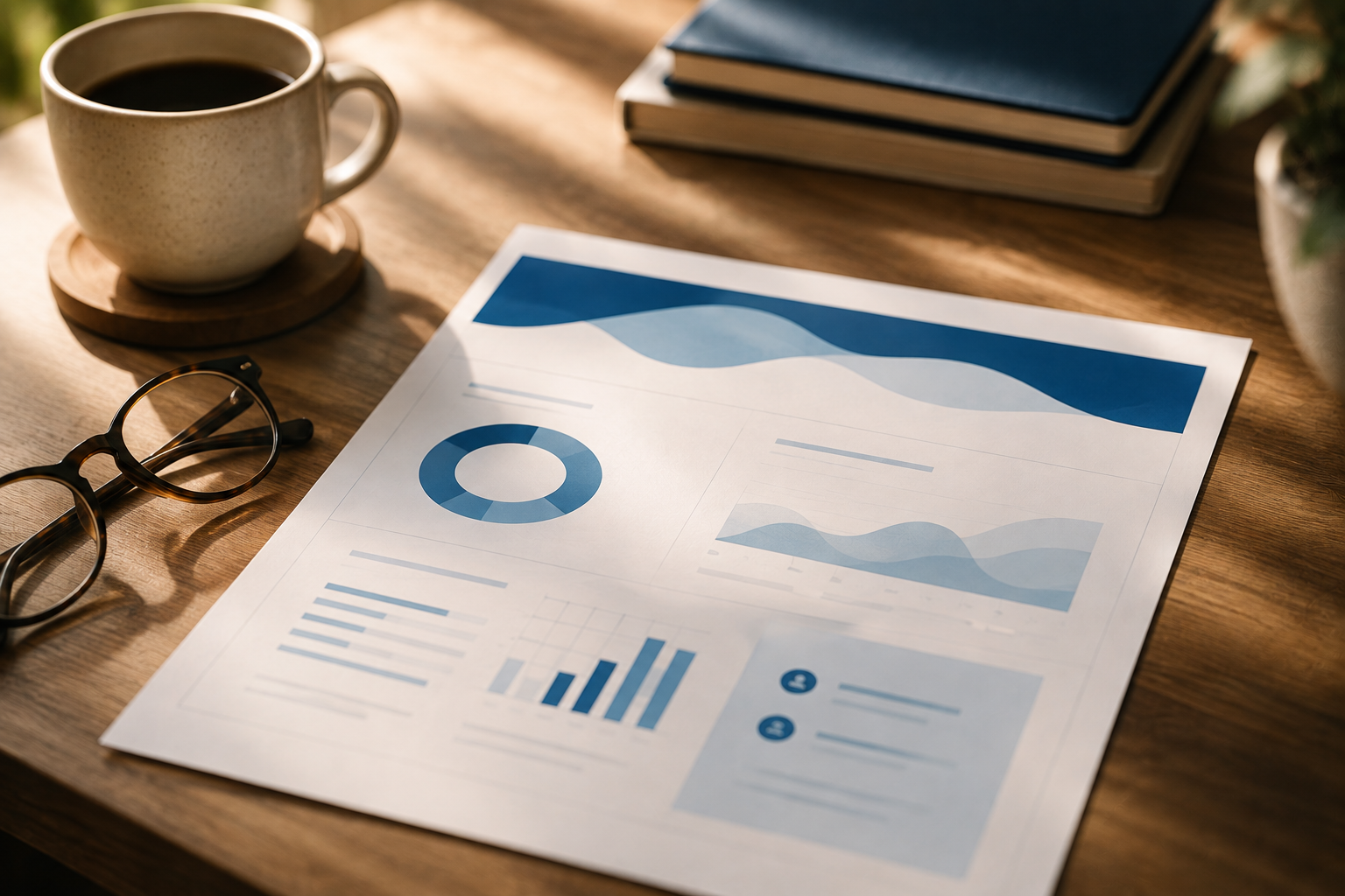 Documento report NetB con grafici, stampato su tavolo (immagine generata con intelligenza artificiale)
