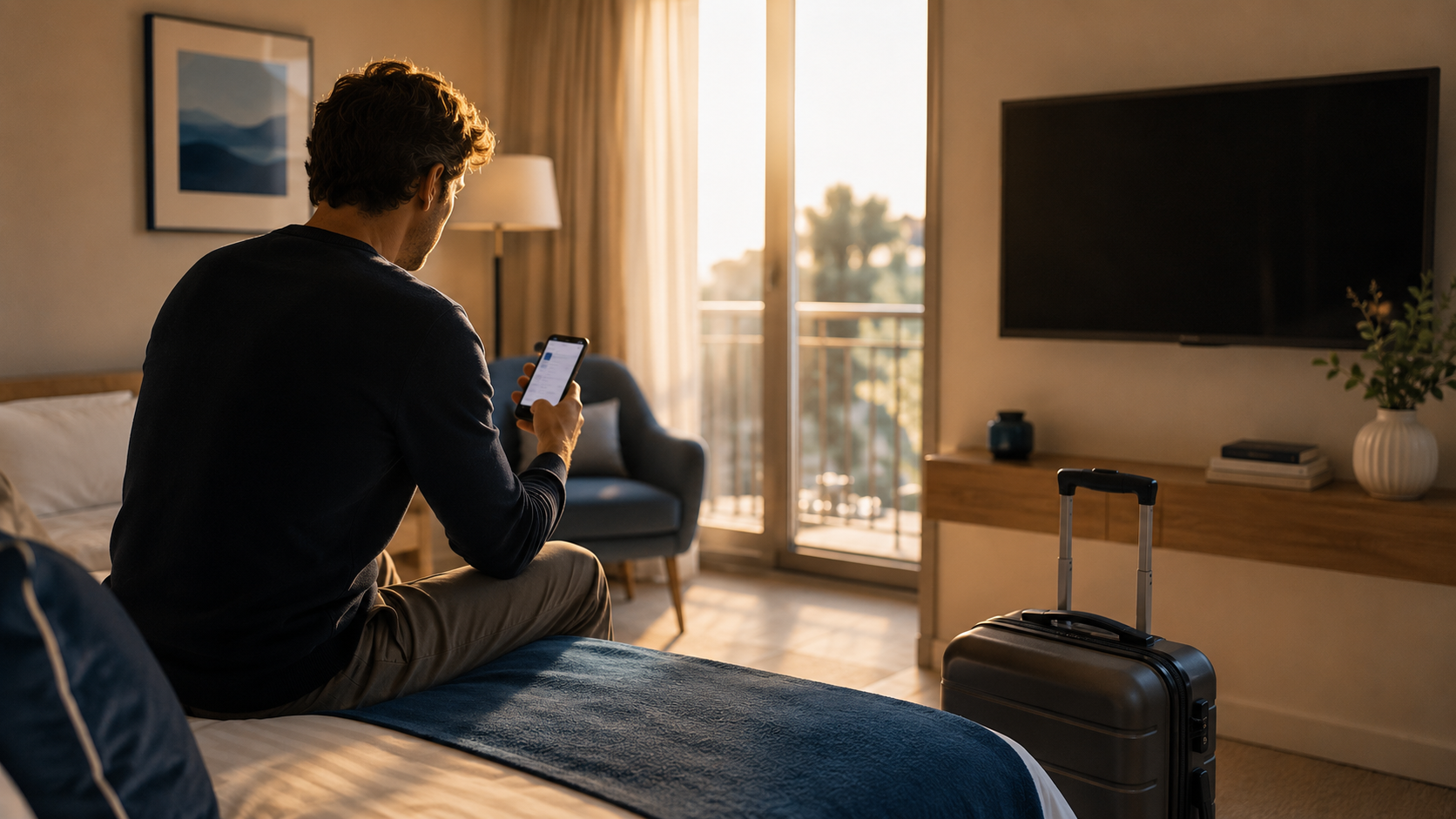 Ospite seduto sul letto con il telefono in mano, valigia pronta in camera (immagine generata con intelligenza artificiale)